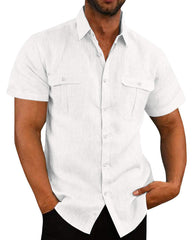 Men's Two Pocket Cotton Linen Short Sleeve Shirt