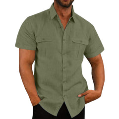 Men's Two Pocket Cotton Linen Short Sleeve Shirt