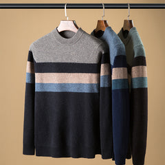 Men's 100% Pure Wool Crewneck Thickened Warm Striped Sweater