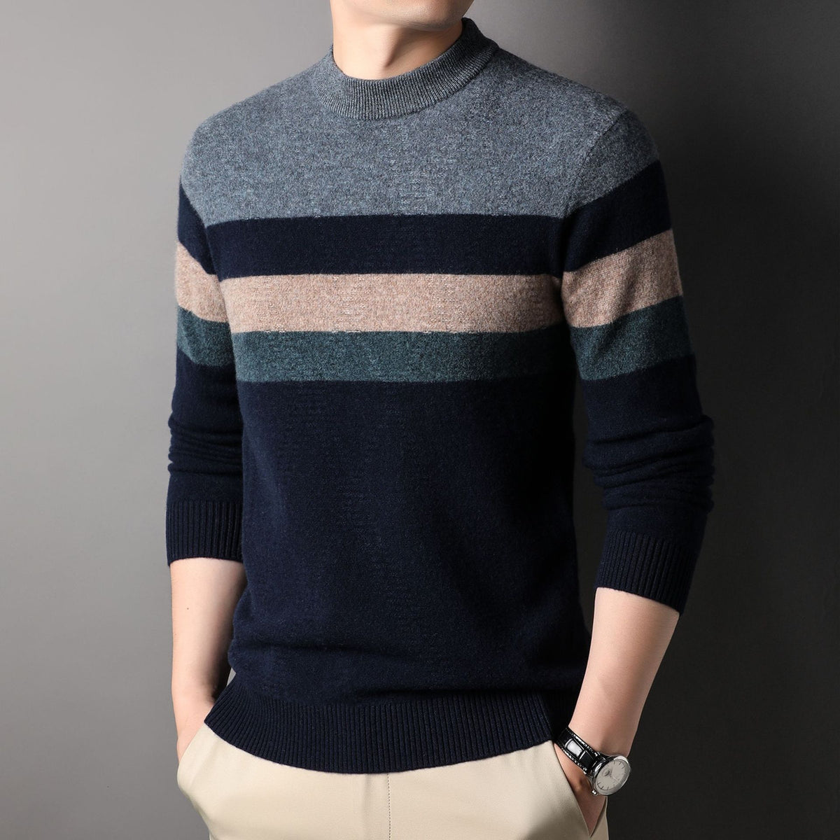 Men's 100% Pure Wool Crewneck Thickened Warm Striped Sweater