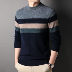 Men's 100% Pure Wool Crewneck Thickened Warm Striped Sweater