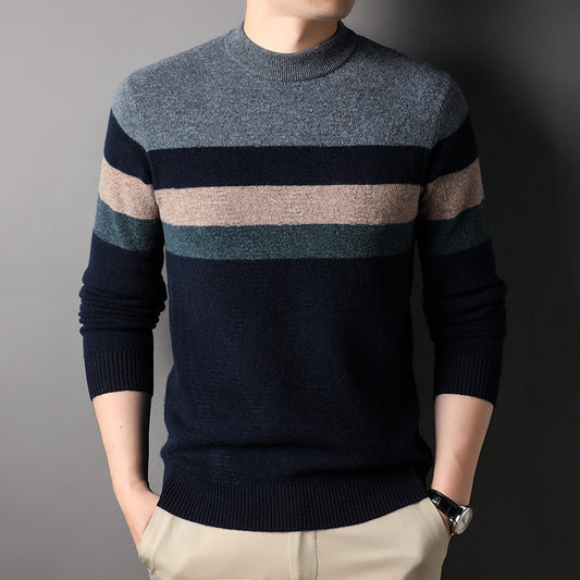 Men's 100% Pure Wool Crewneck Thickened Warm Striped Sweater