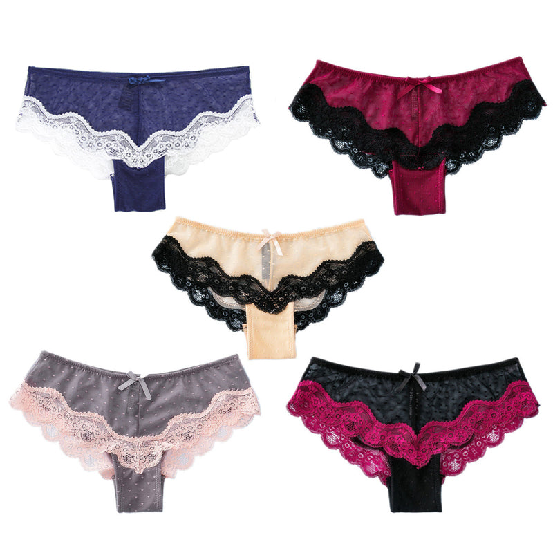 Sexy Lace Low Waist Bow Mesh Panties -  