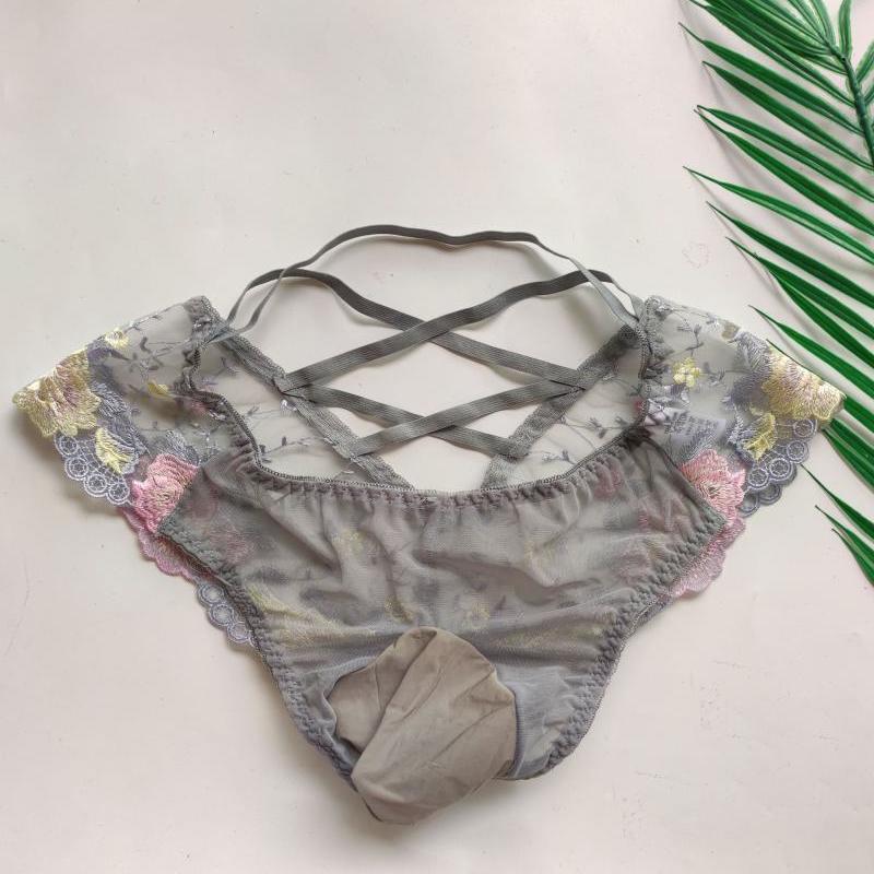 Men's sexy lace transparent mesh embroidered briefs