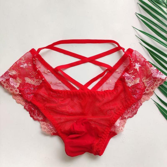 Men's sexy lace transparent mesh embroidered briefs