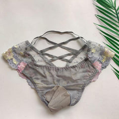 Men's sexy lace transparent mesh embroidered briefs